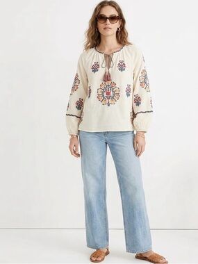 Sundance Embroidered Cream Boho Long-Sleeve Women's Top